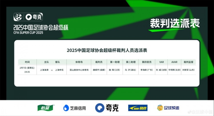  超级杯海港vs申花裁判员名单：主裁判唐顺齐，VAR刘威