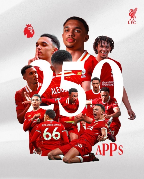  阿诺德将迎英超250场里程碑，利物浦官方晒海报祝贺